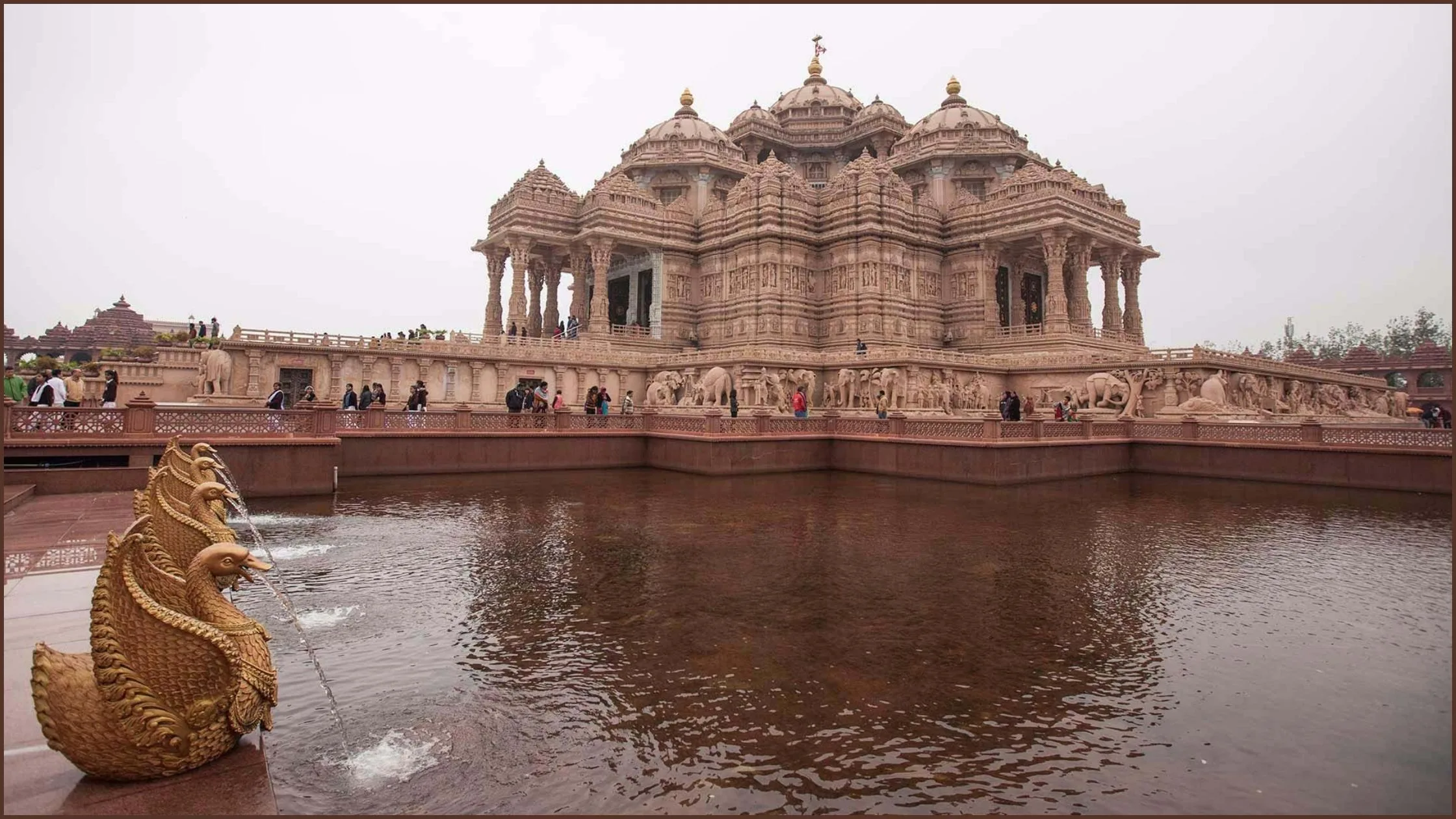 The Akshardham temple located amid the Sarovar. 