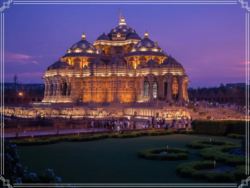 Image of the Akshardham Temple at night.