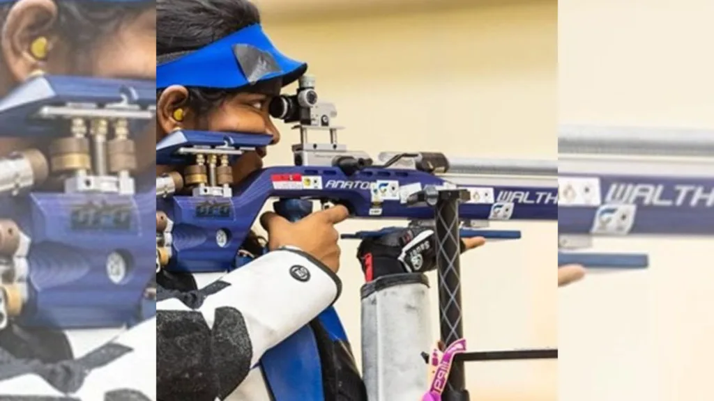 A female shooter practicing at the shooting range.