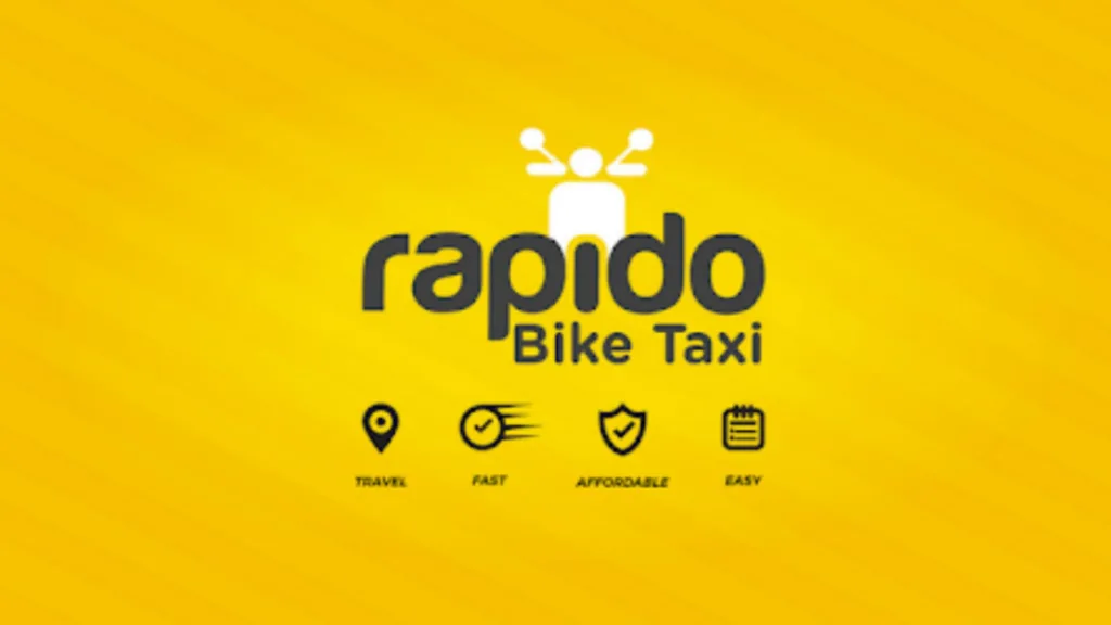 A yellow background image with text of Rapido bike taxi