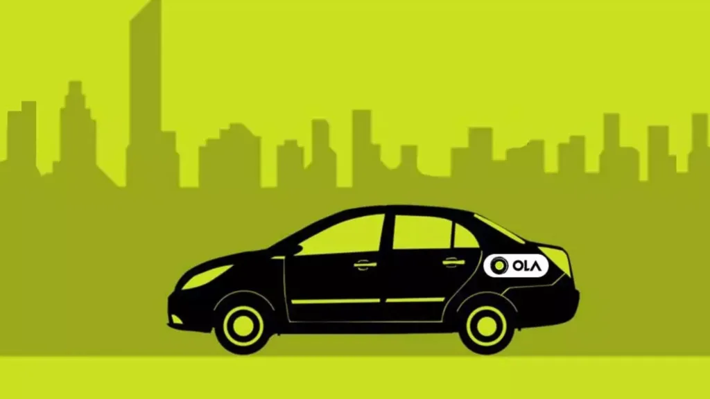 A black Ola car with green background.