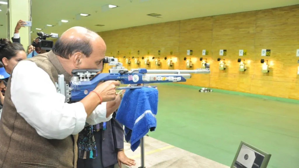 Defense Minister Mr. Rajnath Singh practicing at Dr. Karni Singh Shooting Range in Delhi.