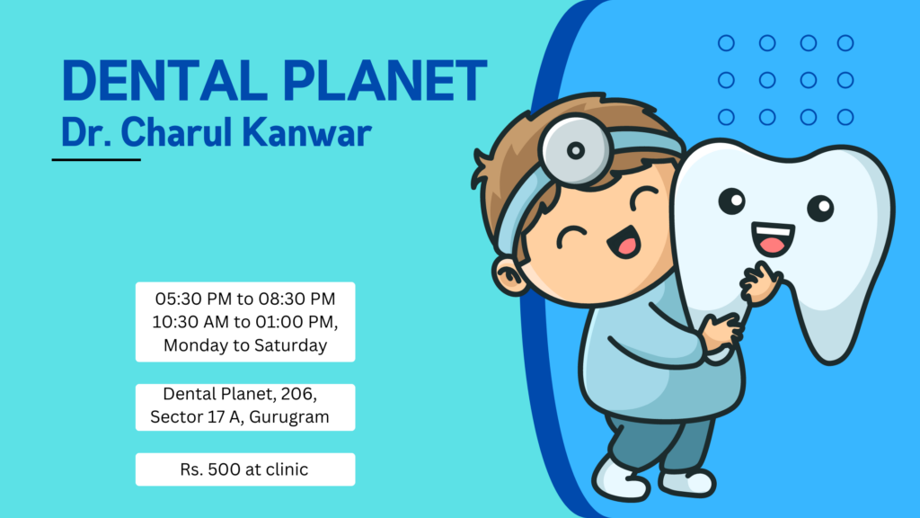 A blue colored background image with details of Dr. Charul Kanwar, one the best dentists in Gurugram