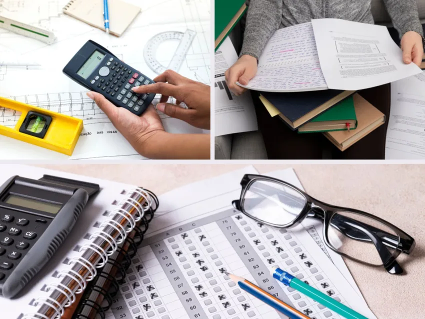 A collage of different images showing preparation of exams and counting on calculator