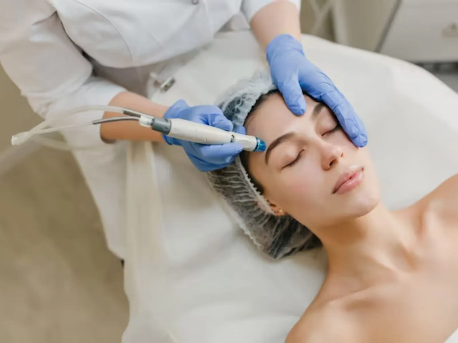 A girl taking skin treatment from a dermatologist.