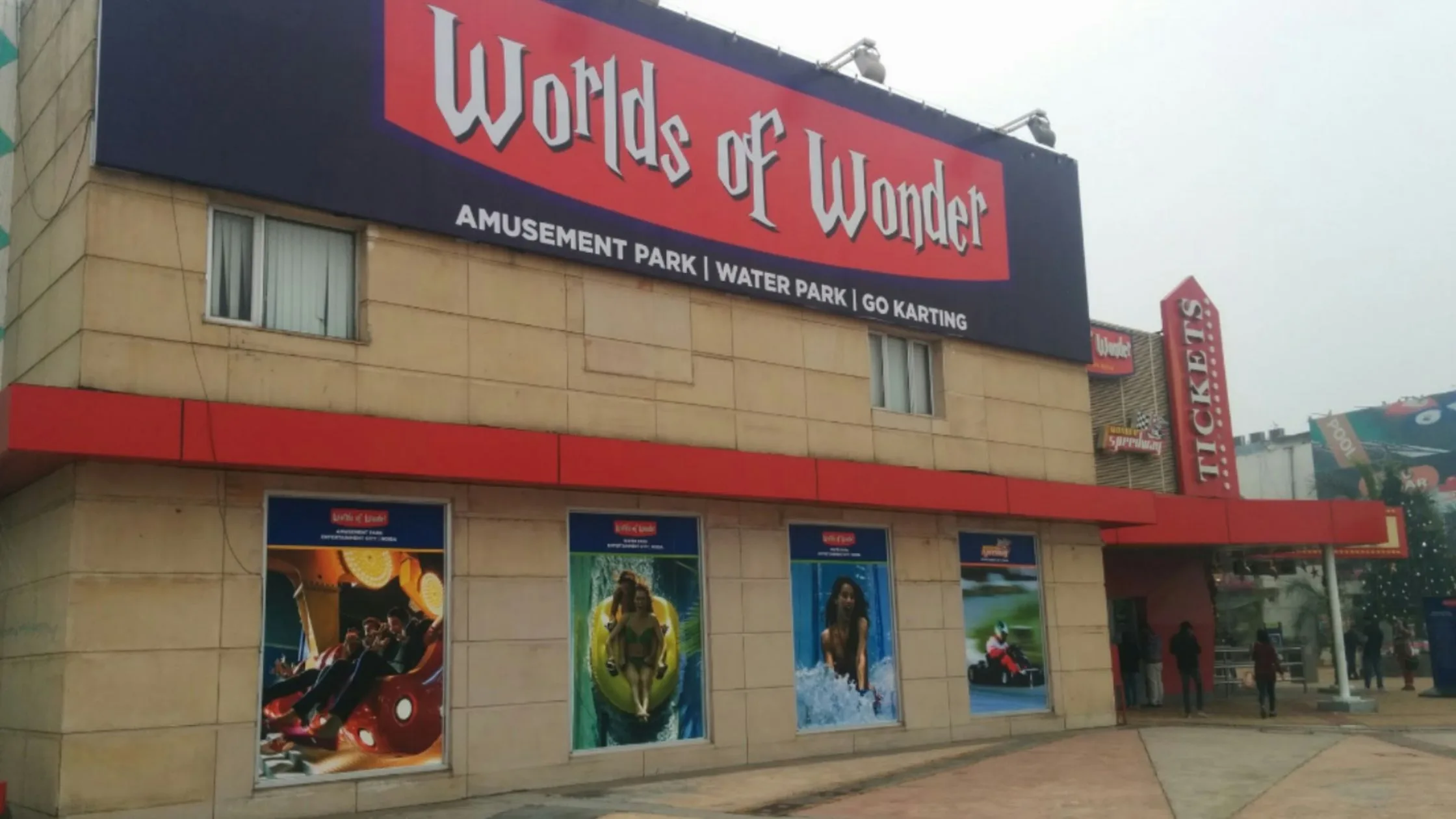 Outside view of Worlds of Wonder Amusement & Water Park, Noida.