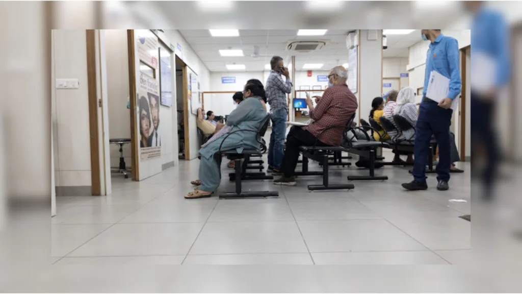 Patients waiting in the hall for for eye treatment.