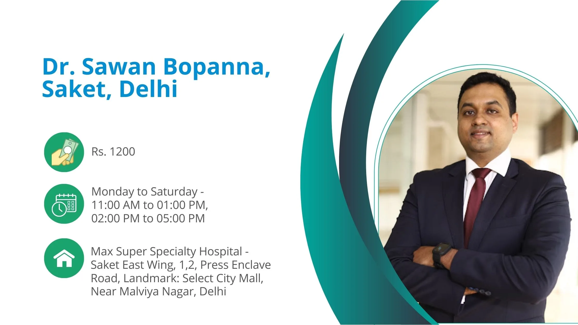 Dr. Bopanna's picture is placed on the right side of the image along with the details about his consultation fee and address. He is wearing a black coat, white shirt and red colored tie.