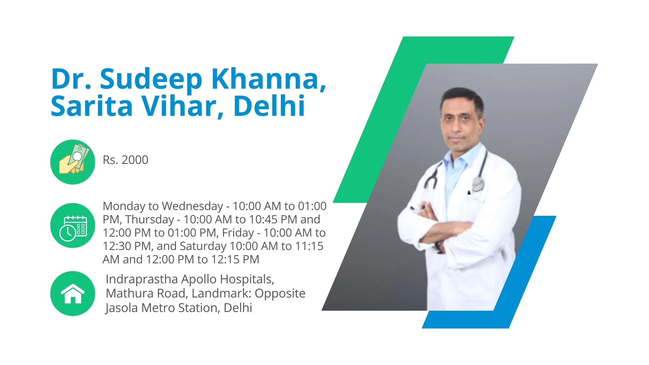 Dr. Sudeep Khanna's picture is placed on the right side of the image along with the details about his consultation fee and address. He is wearing a white coat and holding a stethoscope in the picture.