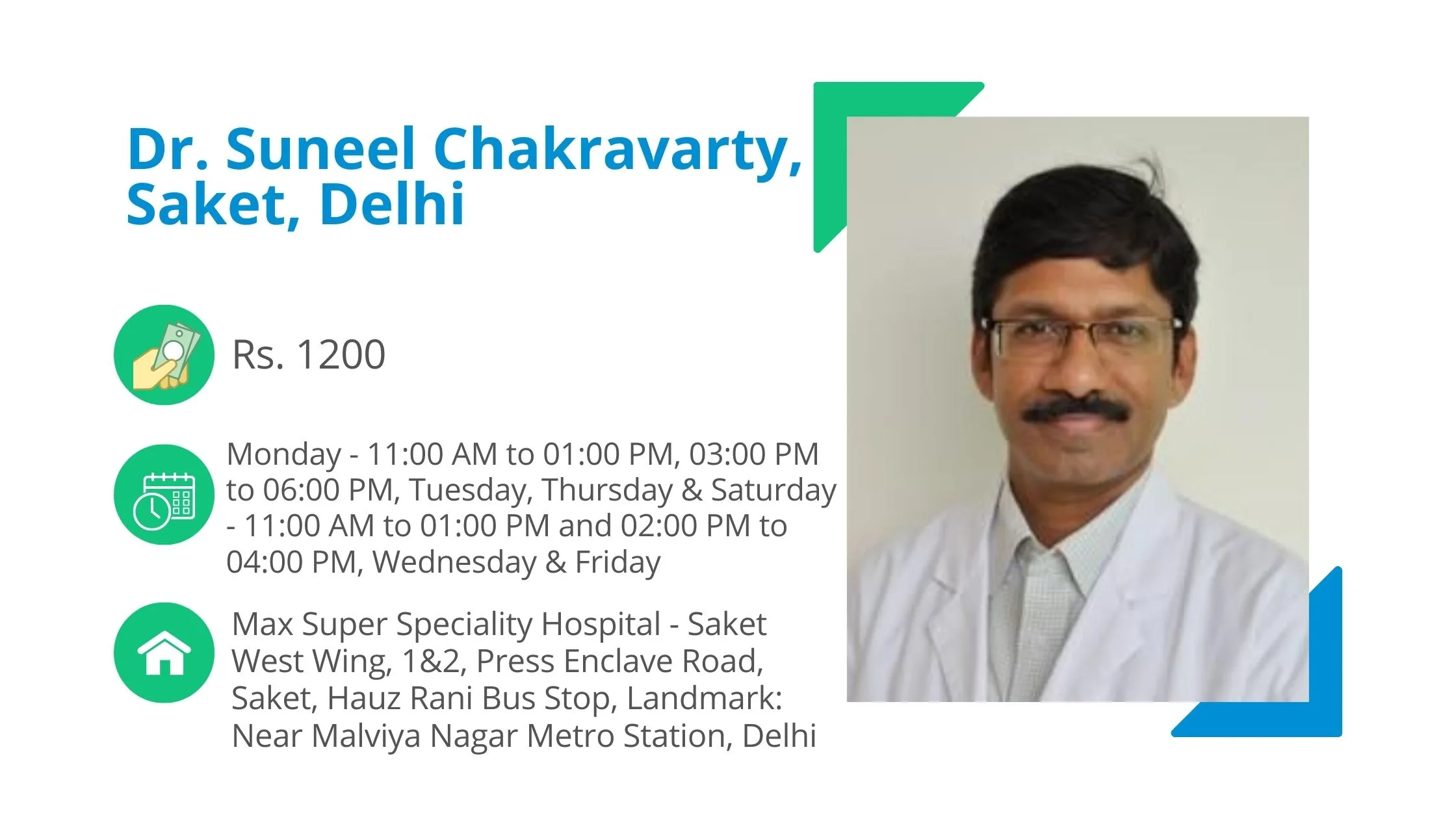 Dr. Suneel's picture is placed on the right side of the image along with the details about his consultation fee and address. He is wearing a white coat and white shirt.