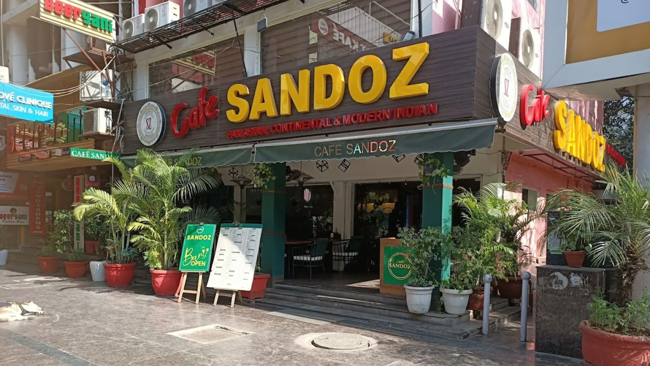 An outside view from the Cafe Sandoz in Hauz Khas