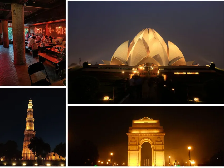 Collage of famous places that can be visited at night in Delhi.