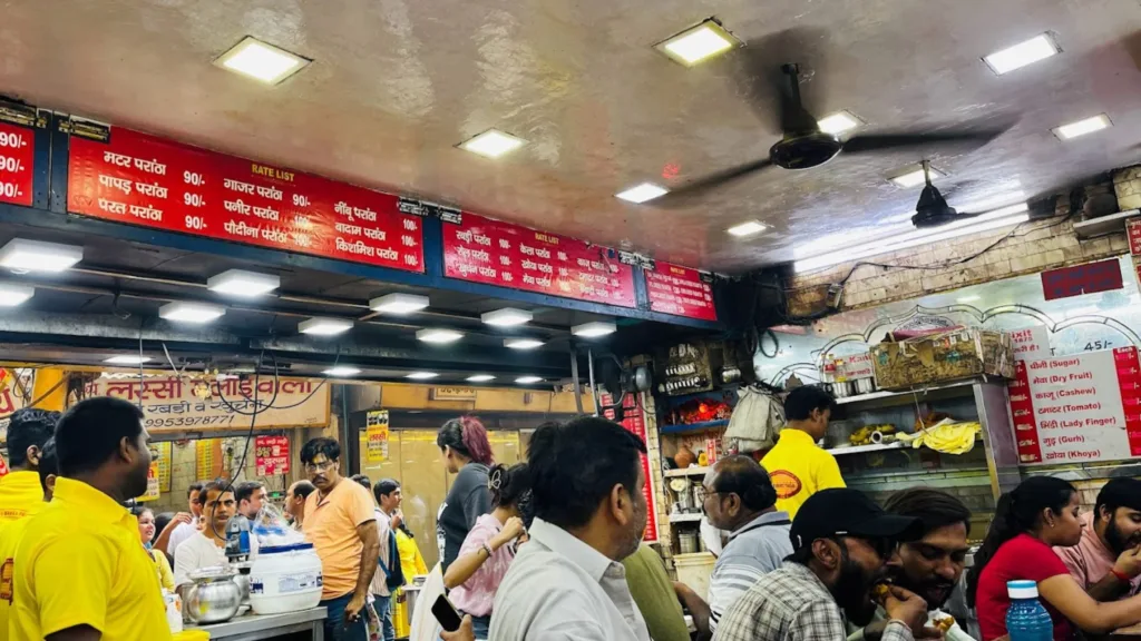 A night view of a shop in Paranthe Wali Gali in Delhi