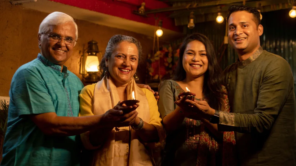 A family holding diyas in hands