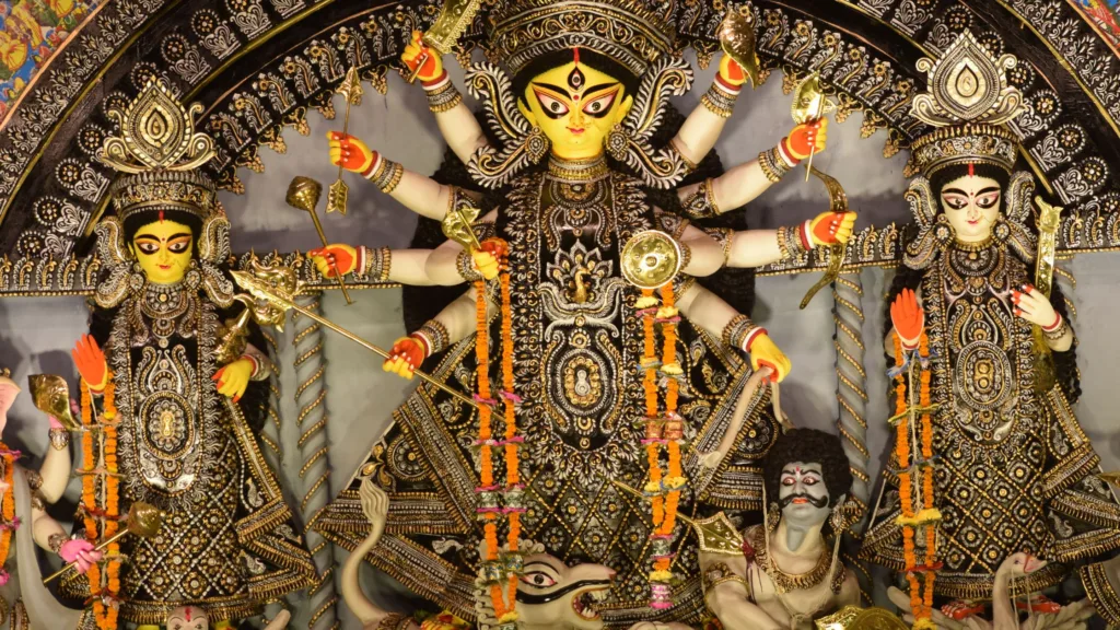 A statue of Maa Durga during Durga Puja