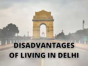 An image of India Gate with a text saying Disadvantages of Living in Delhi.