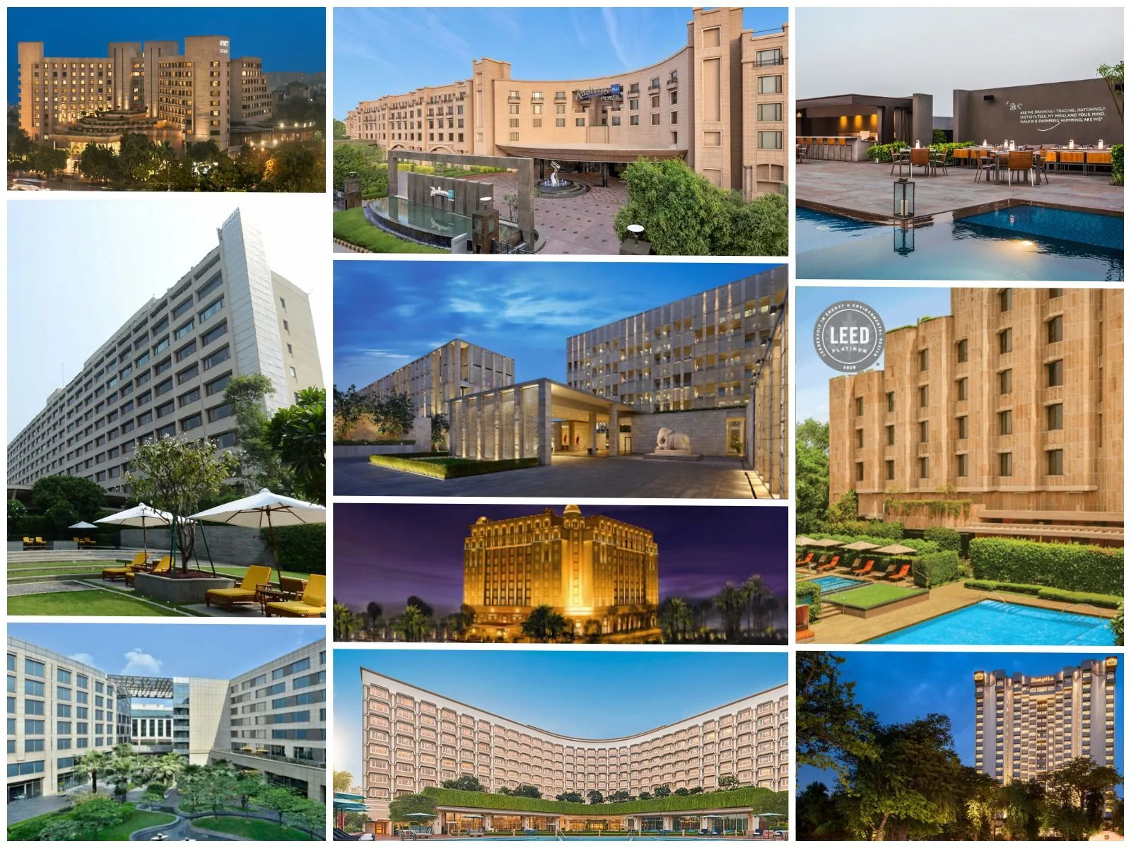 A collage of luxury hotels in Delhi