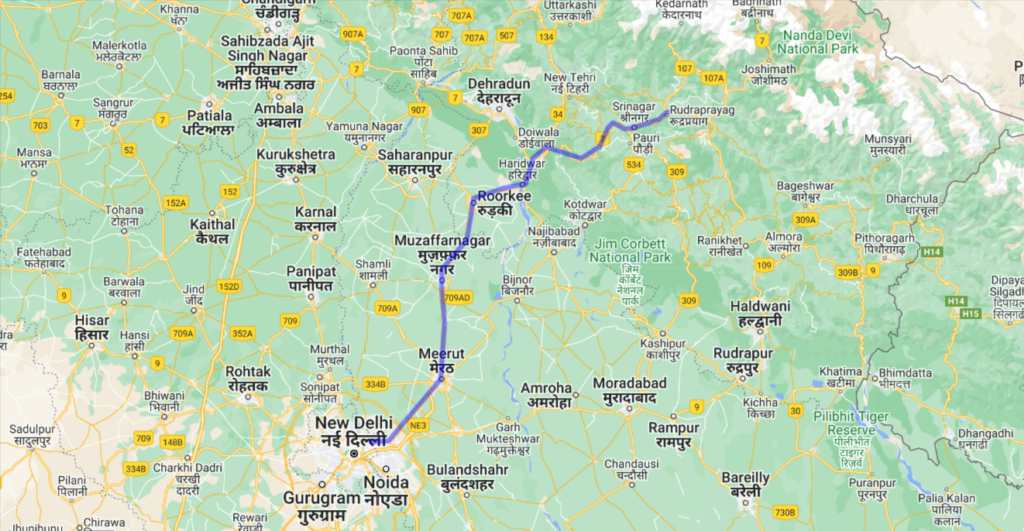 Map from Delhi to kedarnath